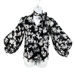 Chicos 1 NEW Womens 8/10 Abstract Floral Bow Blouse Sheer Chiffon Bishop Sleeve